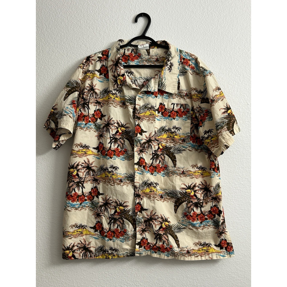 Barefoot in Paradise Hawaiian Shirt Men’s Size XL Beige Red Floral